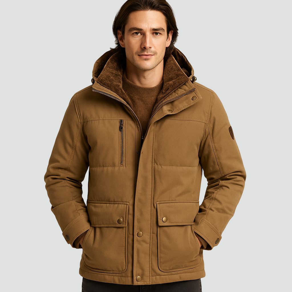 Men fleece lined winter jacket with detachable hood regular fit