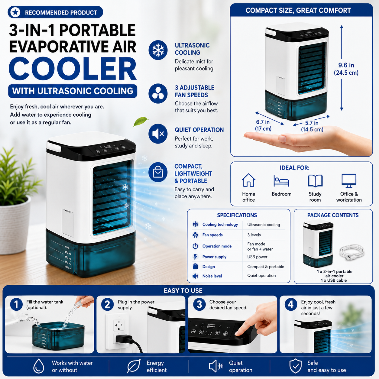 Quinn | Portable Air Conditioner 3-Speed with Ultrasonic Cooling