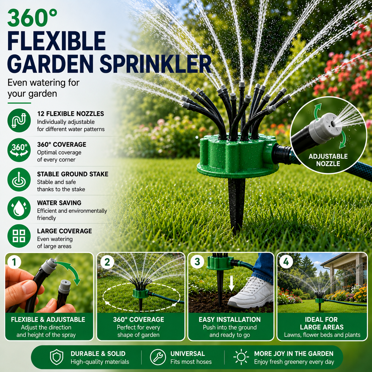 Liora | 12-in-1 garden watering system with 360° rotating sprinkler