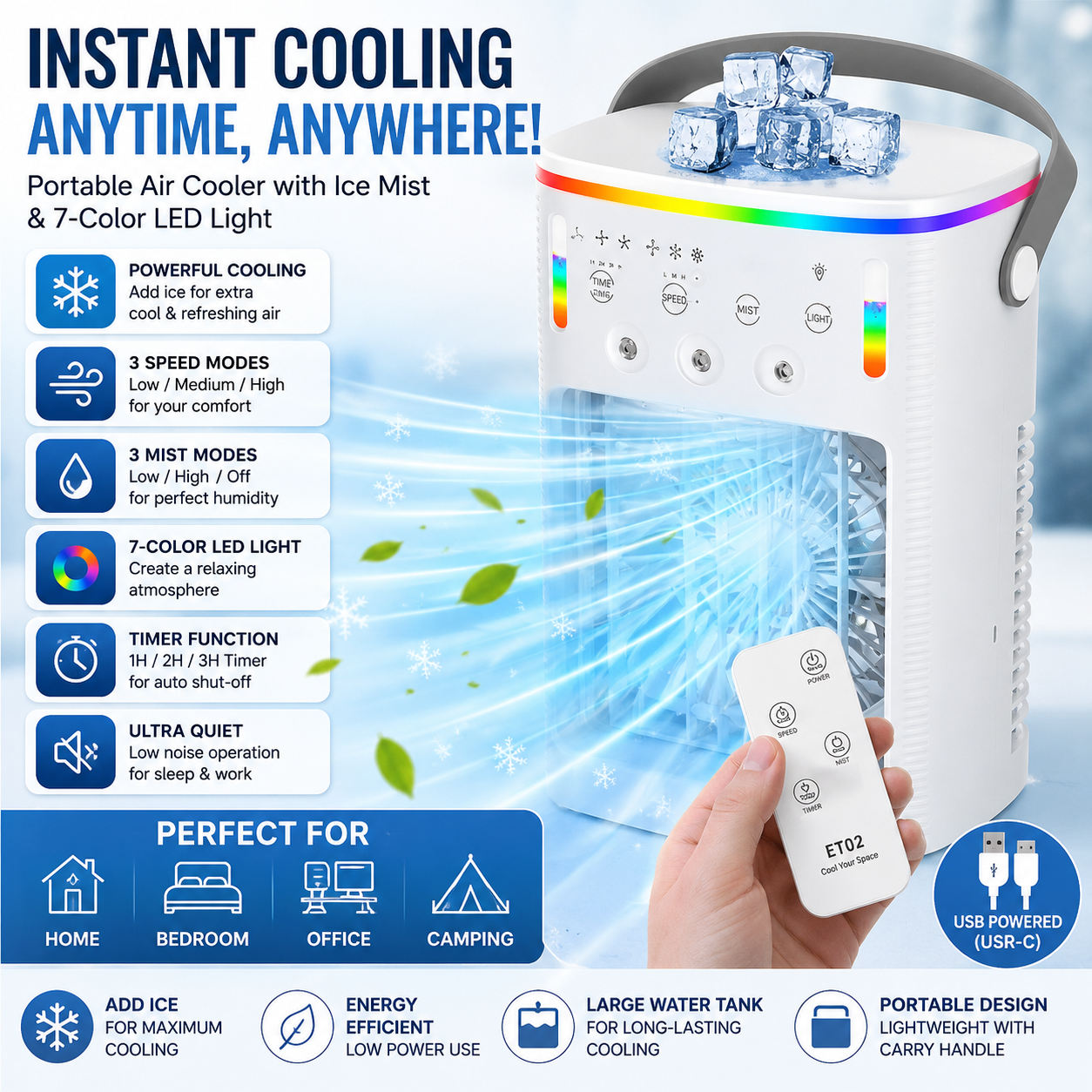 Portable air conditioner, 4-in-1 air cooler – USB-C