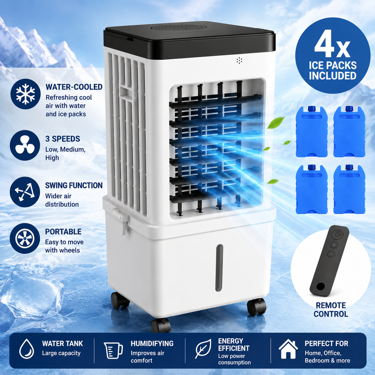 Portable Air Cooler, Ice Packs – 3 Speeds