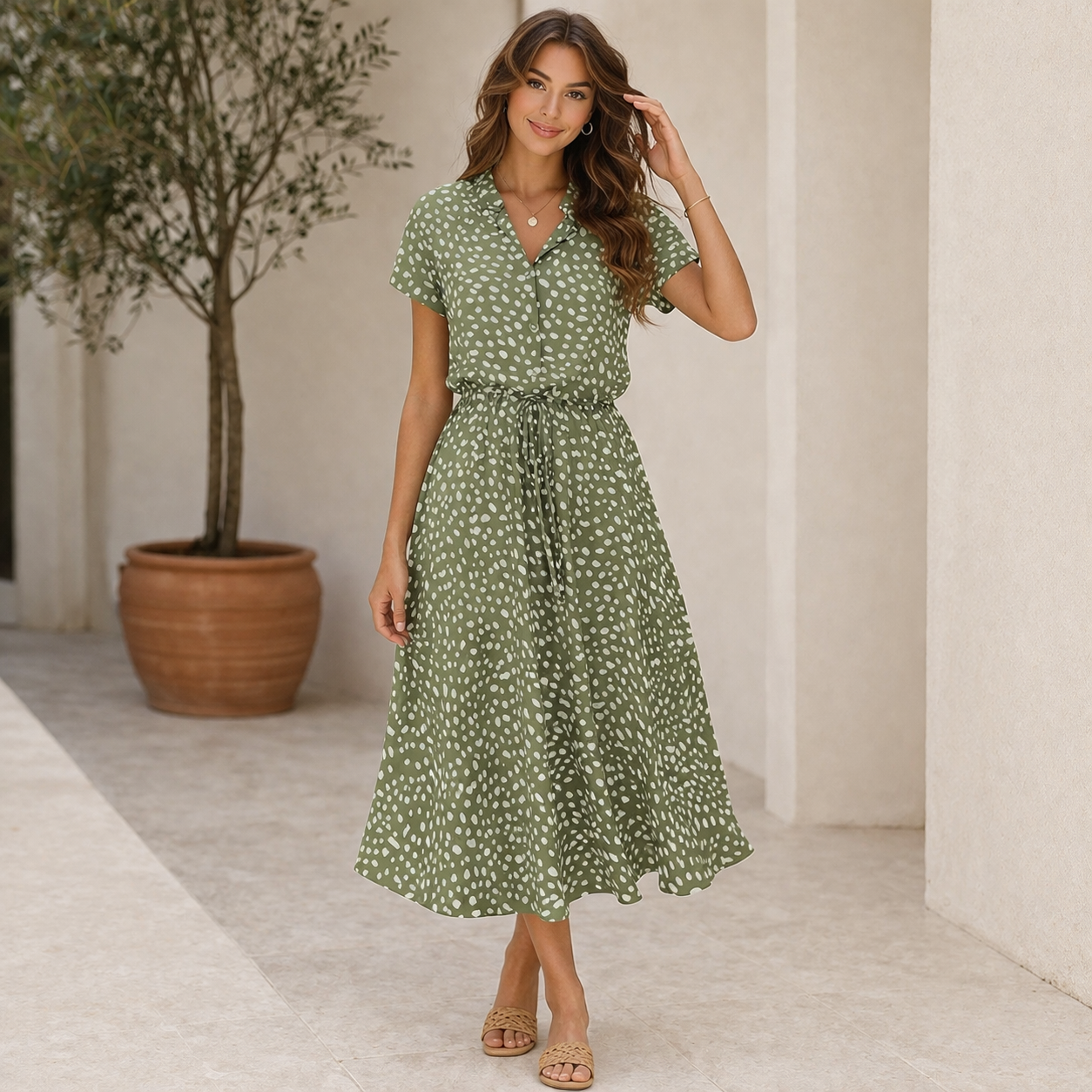 Polka Dot Dress | Midi Style, Short Sleeves | Trendy