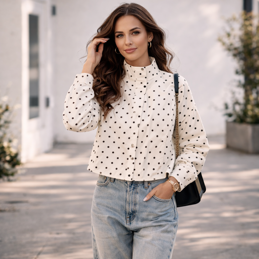 Women's Short Jacket | Modern Polka Dot Design, High Collar