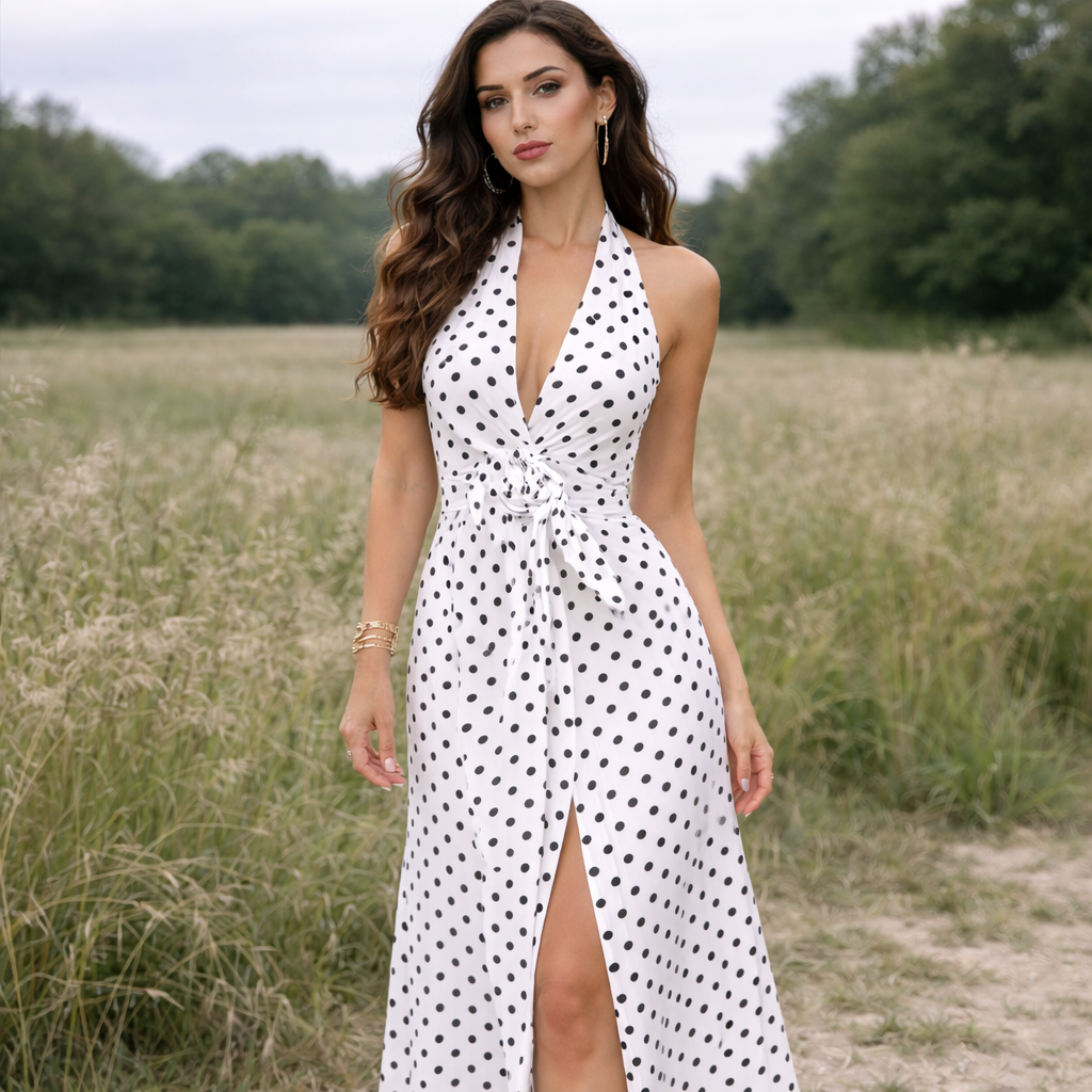 Polka Dot Dress Feminine Design Long Length