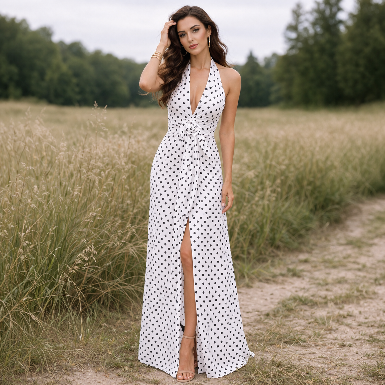 Polka Dot Dress Feminine Design Long Length