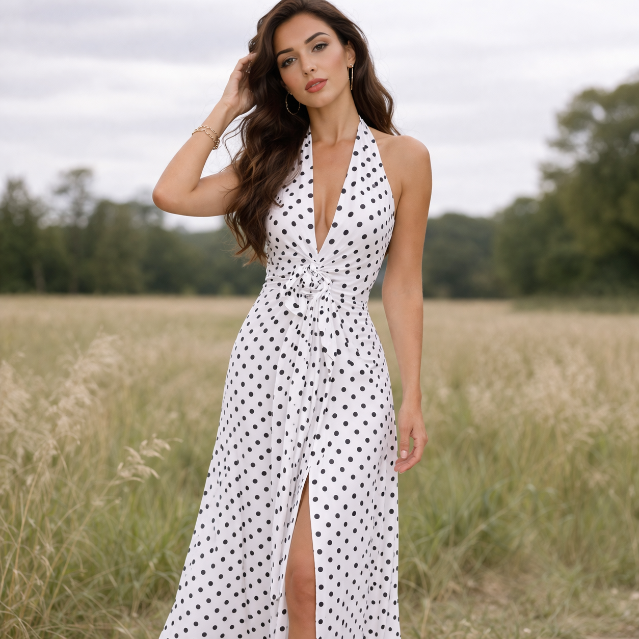Polka Dot Dress Feminine Design Long Length