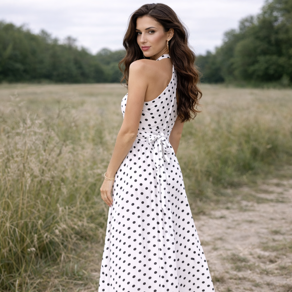 Polka Dot Dress Feminine Design Long Length