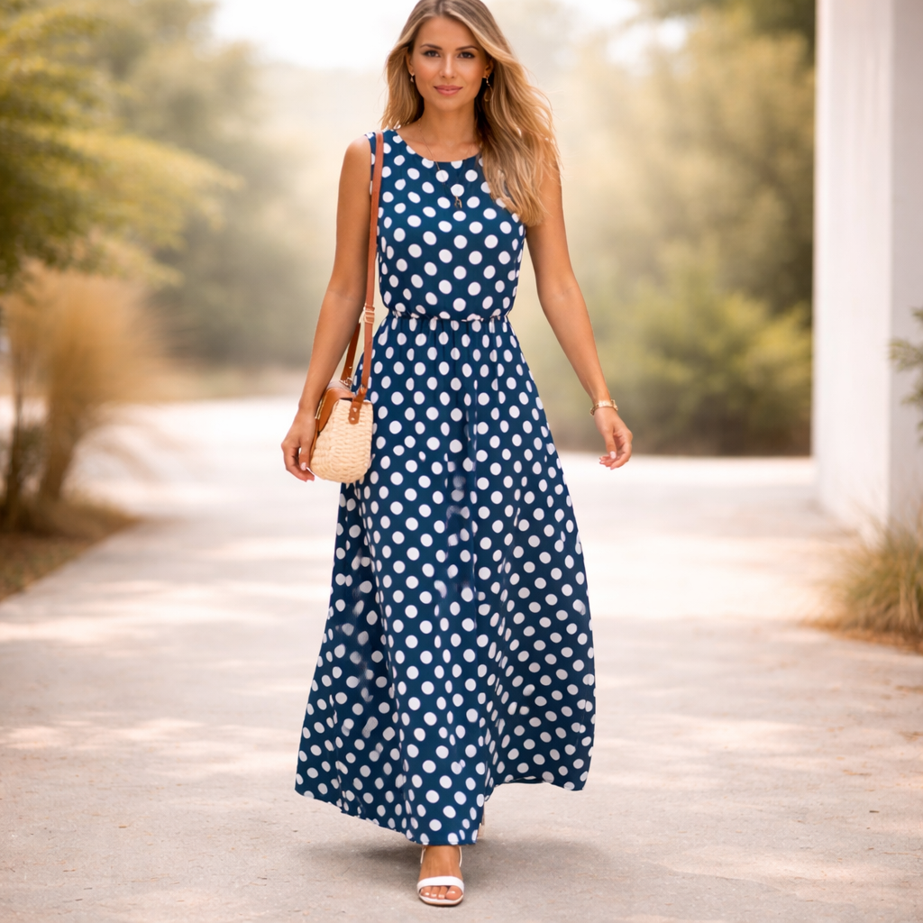 Polka Dot Maxi Dress Vintage Inspired Flattering Fit