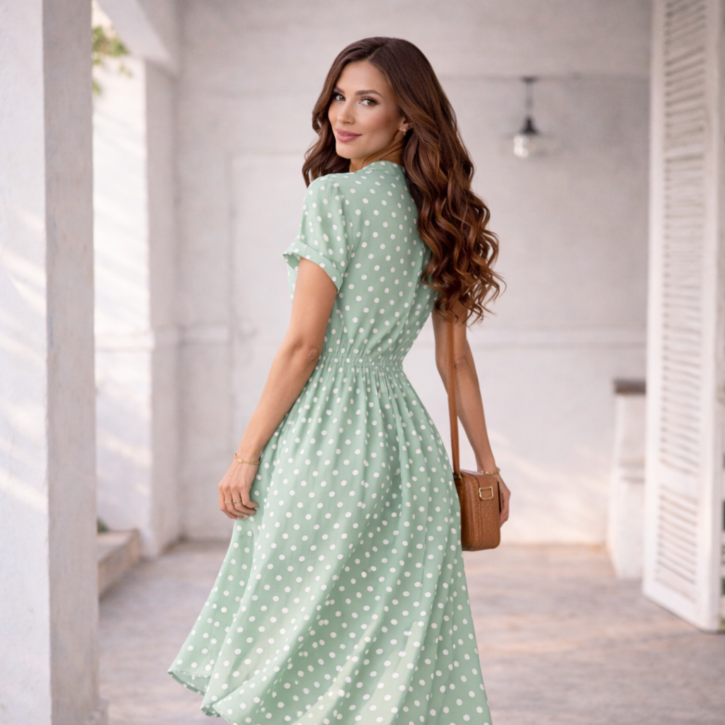 Polka Dot Dress Casual Midi Dress with Lace and Buttons