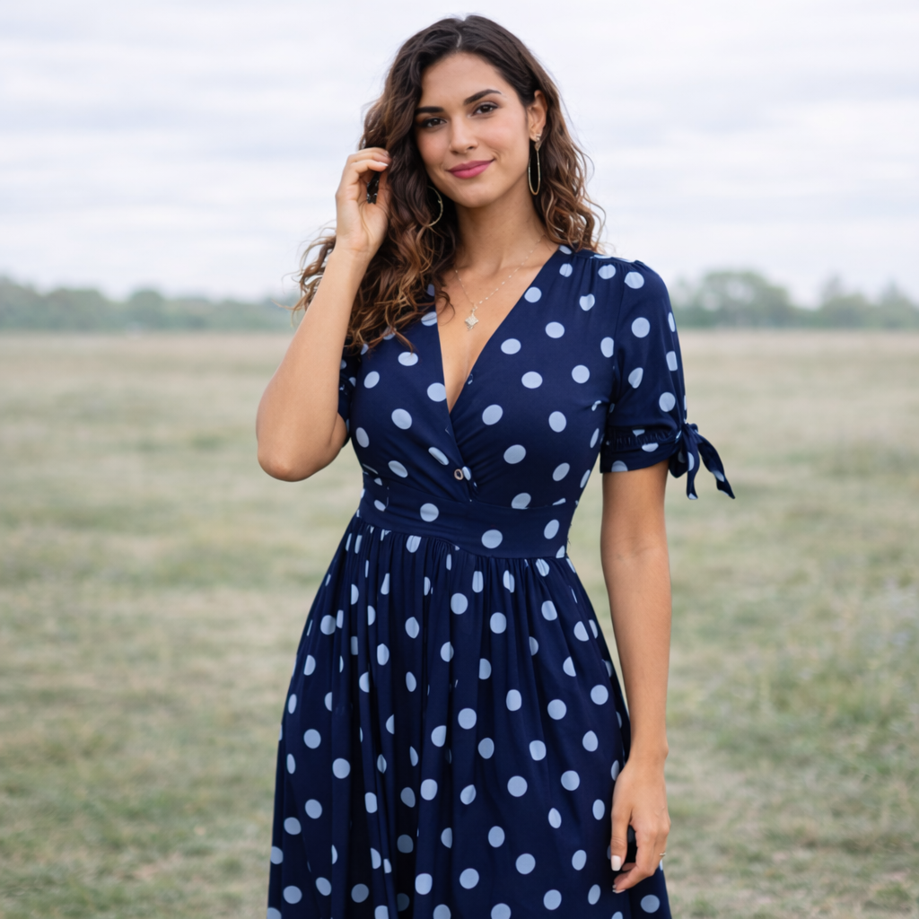 Polka Dot Dress Women V-Neck Button Front Style