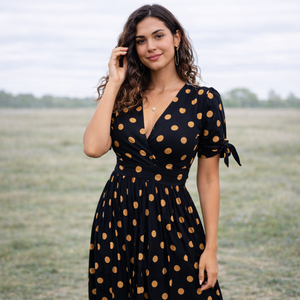Polka Dot Dress Women V-Neck Button Front Style