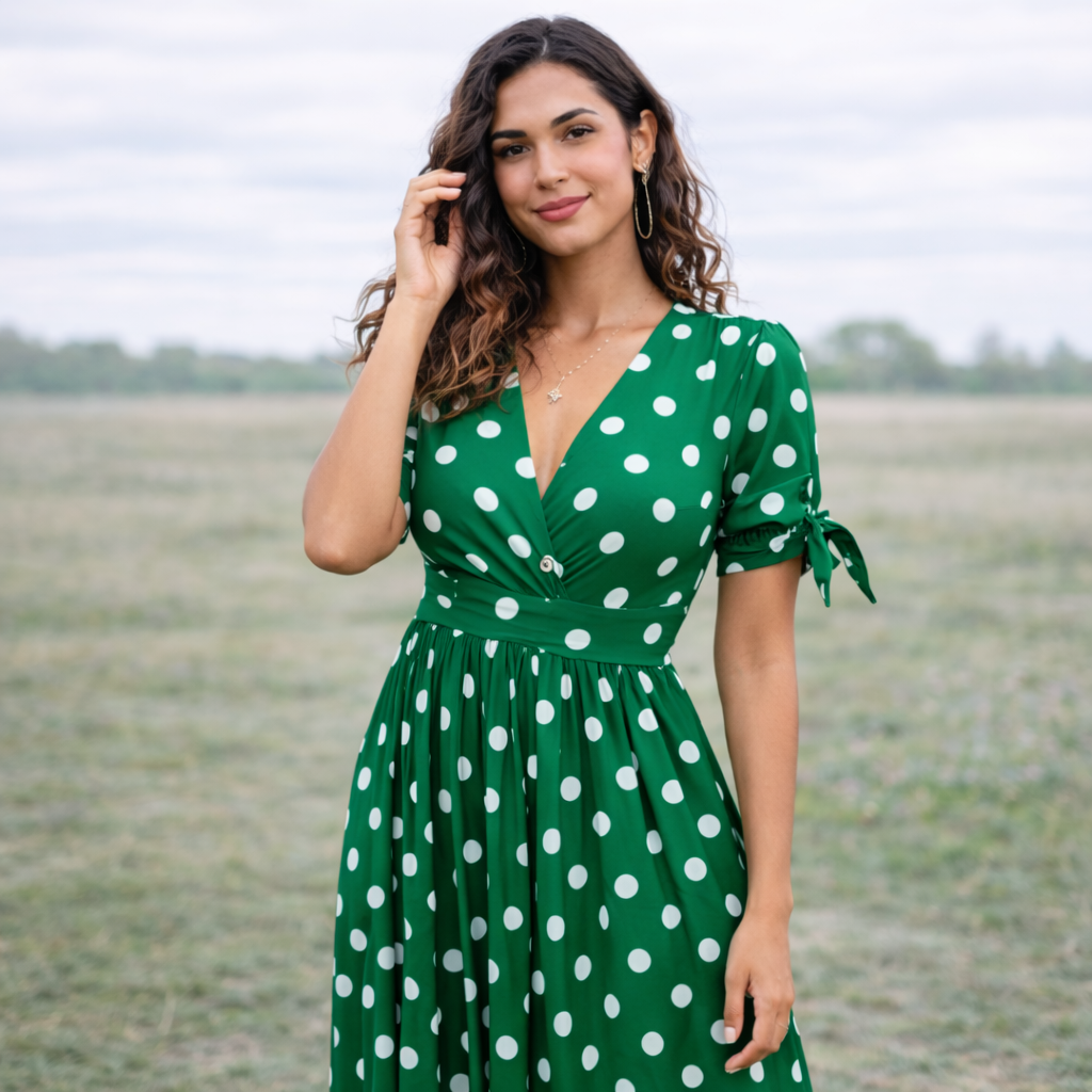 Polka Dot Dress Women V-Neck Button Front Style