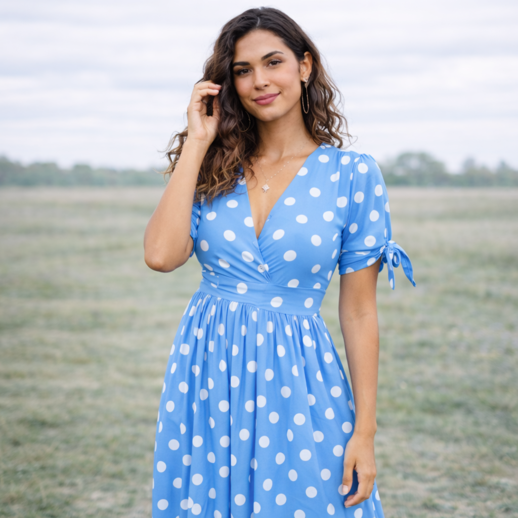 Polka Dot Dress Women V-Neck Button Front Style