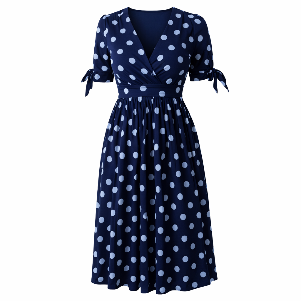 Polka Dot Dress Women V-Neck Button Front Style