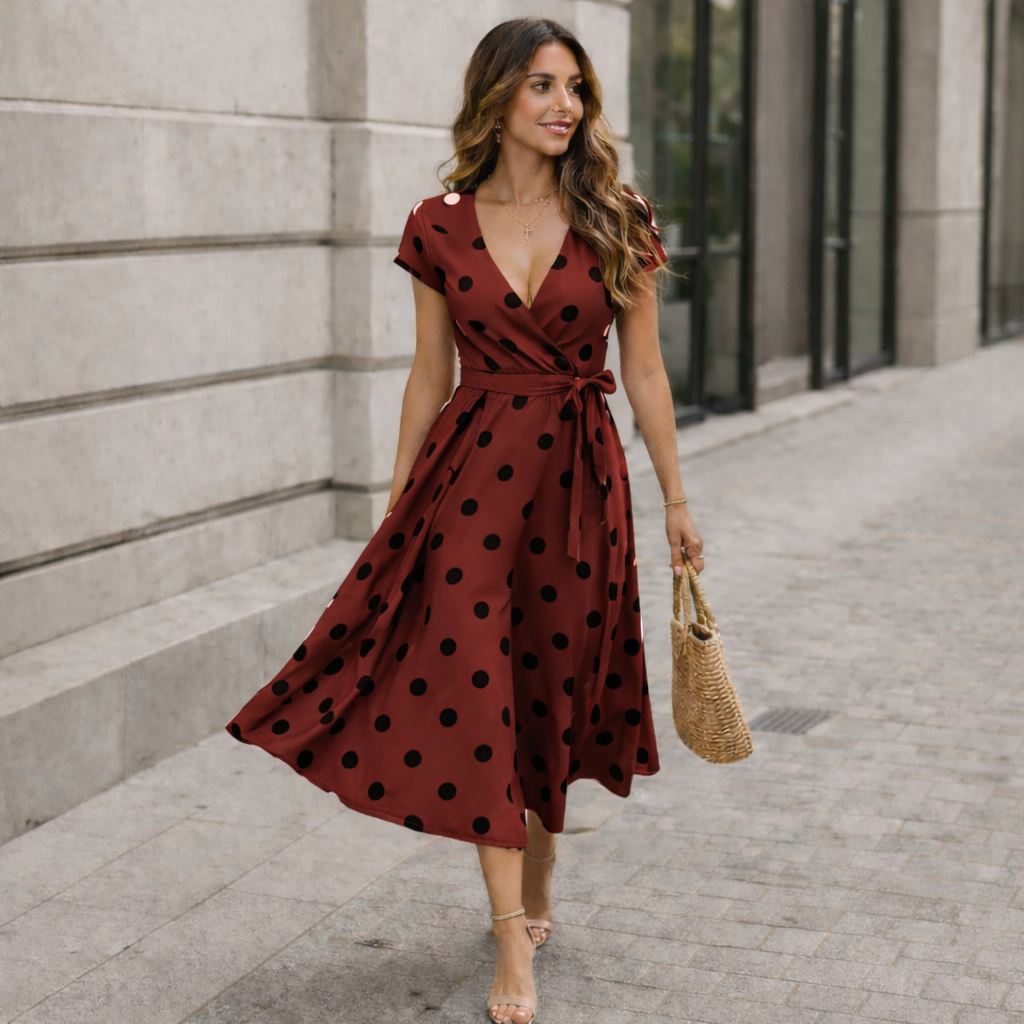 Women's Midi Dress Polka Dot Waist Tie Casual Flowy Style