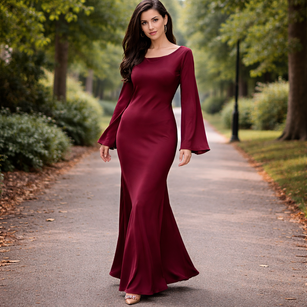 Satin Maxi Dress | Elegant Fit, Flared Sleeves