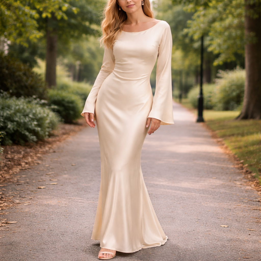 Satin Maxi Dress | Elegant Fit, Flared Sleeves