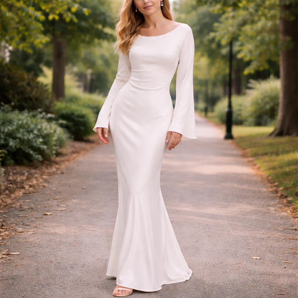 Satin Maxi Dress | Elegant Fit, Flared Sleeves