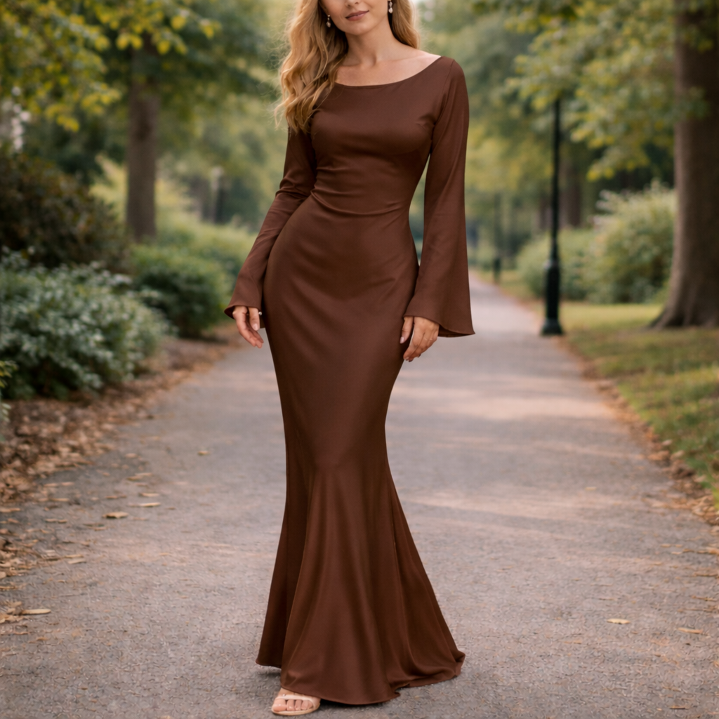 Satin Maxi Dress | Elegant Fit, Flared Sleeves