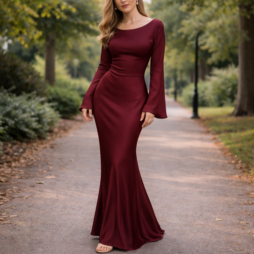 Satin Maxi Dress | Elegant Fit, Flared Sleeves