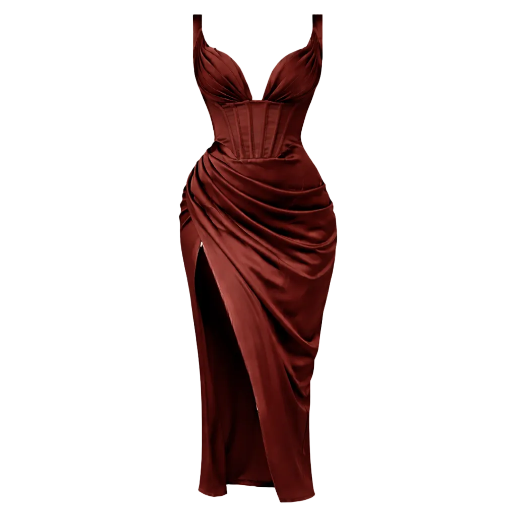Women's Long Split Dress Brown Graceful Flattering Silhouette