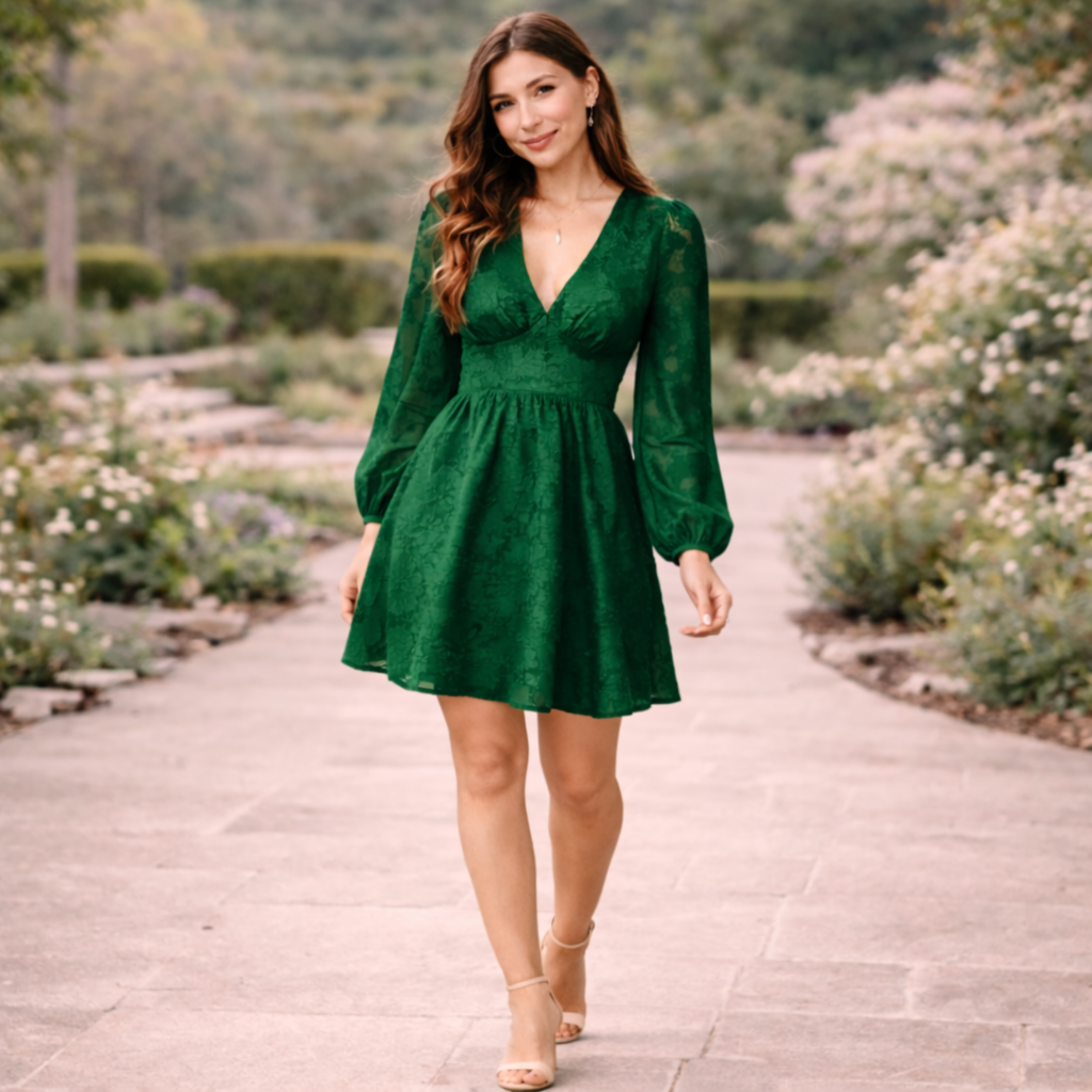 Satin Dress | Elegant Design | Puff Sleeves, Deep Neckline