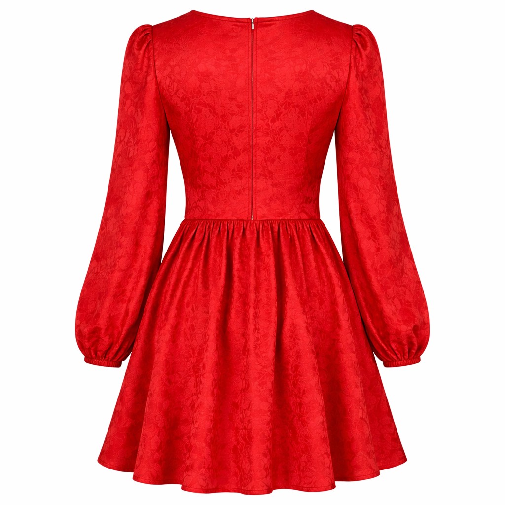 Satin Dress | Elegant Design | Puff Sleeves, Deep Neckline
