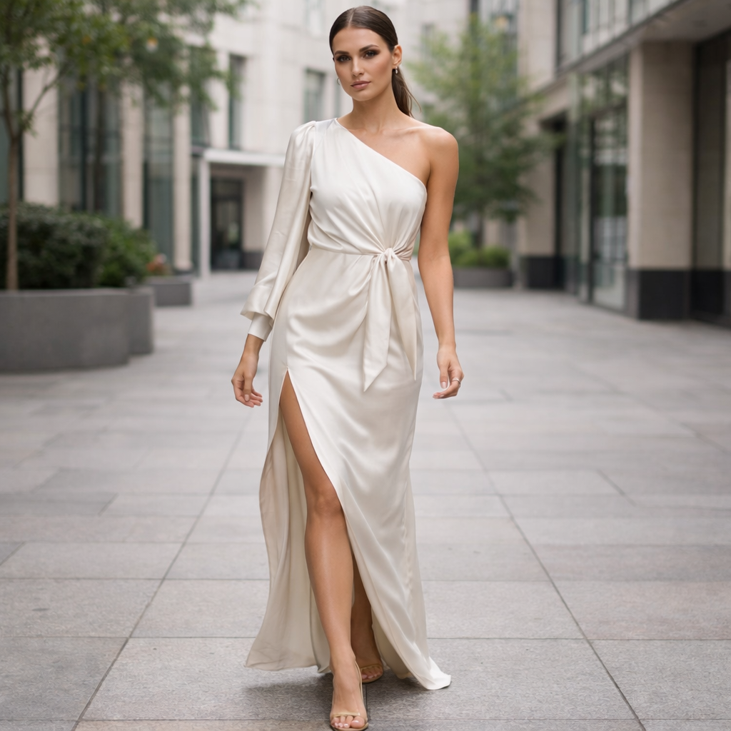 Satin Maxi Dress One Shoulder Elegant