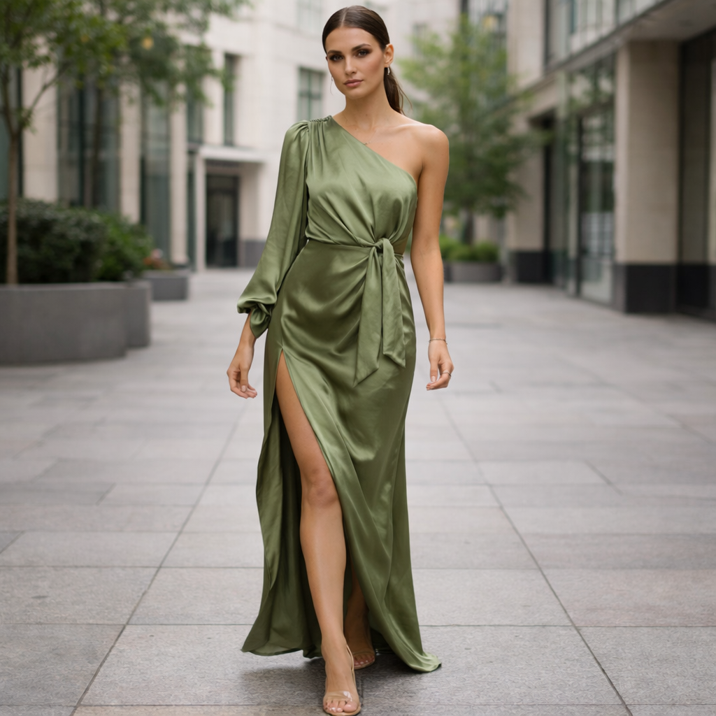 Satin Maxi Dress One Shoulder Elegant