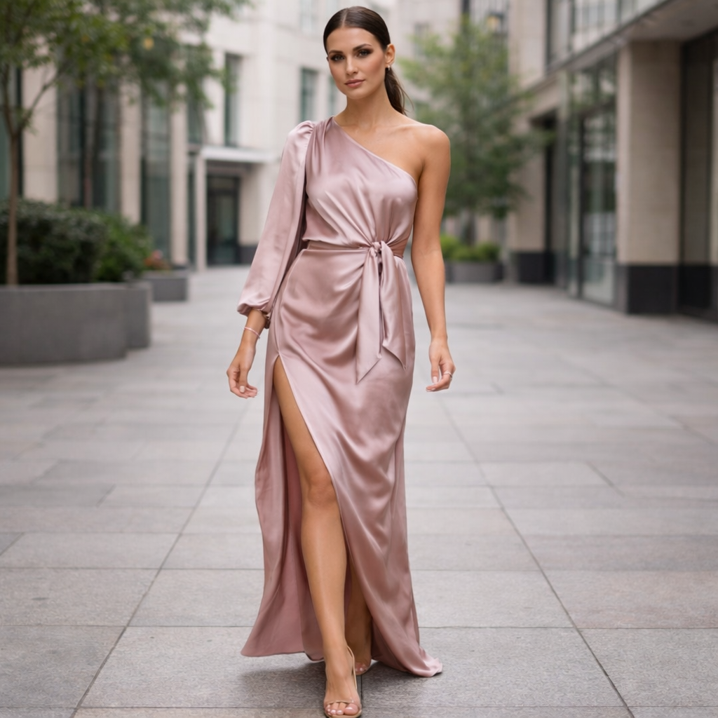 Satin Maxi Dress One Shoulder Elegant