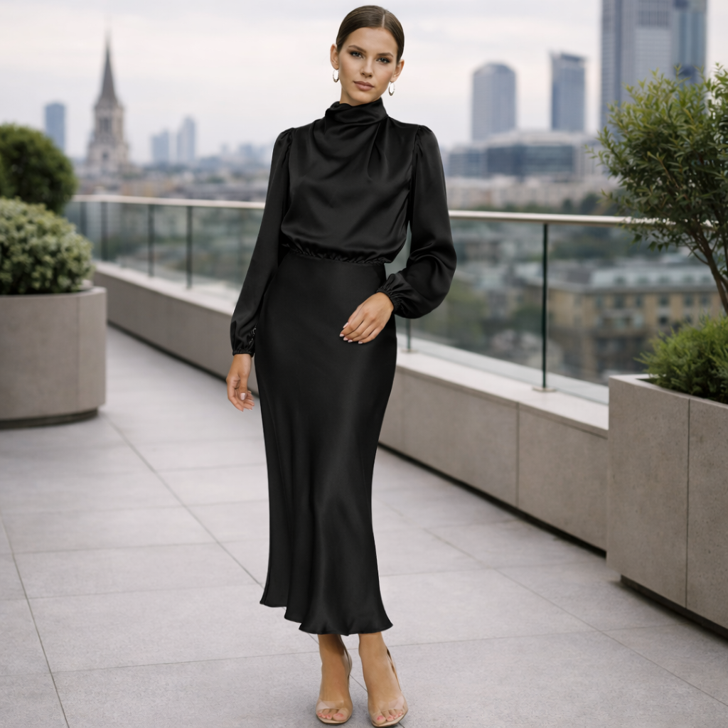 Satin Dress Long Sleeve Elegant Design