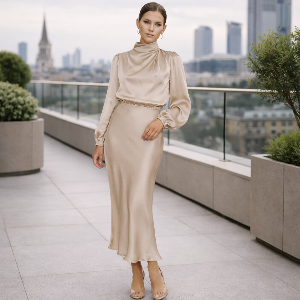 Satin Dress Long Sleeve Elegant Design