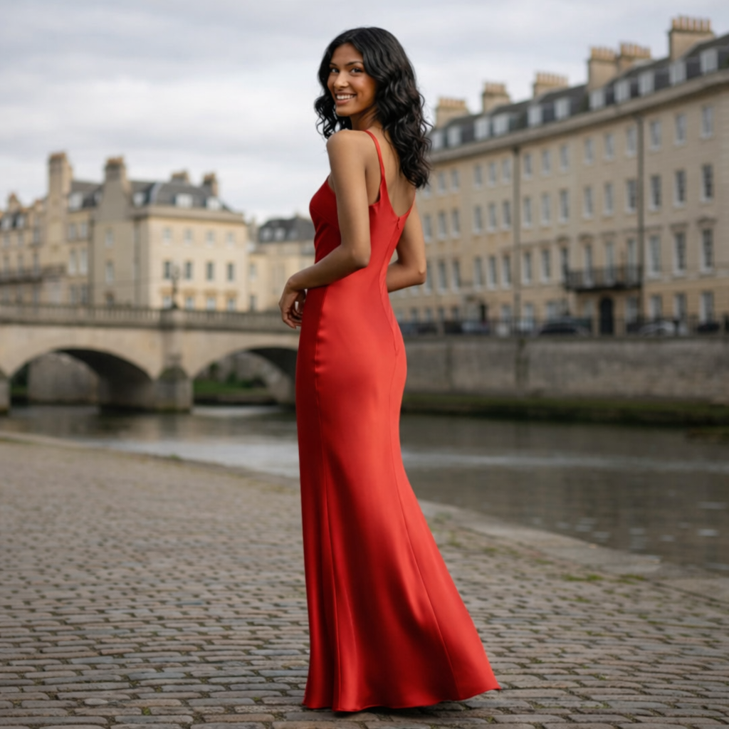 Satin Dress | Asymmetrical Neckline, Open Back