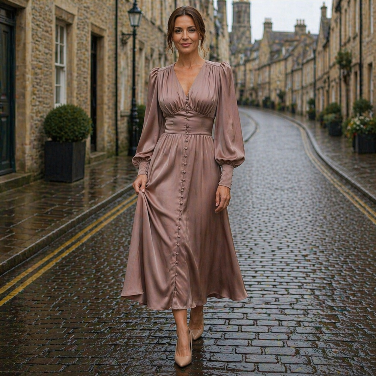 Satin Dress | Midi Length, Long Sleeve, V-Neck