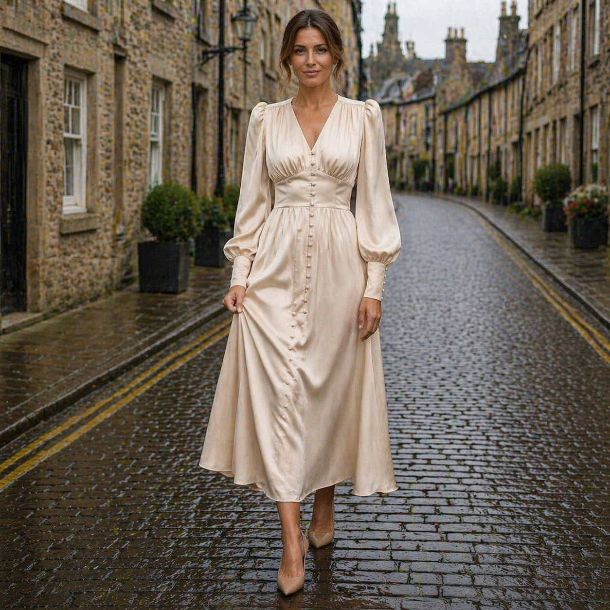 Satin Dress | Midi Length, Long Sleeve, V-Neck