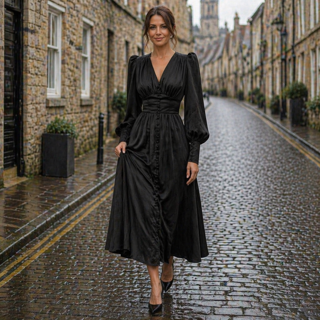 Satin Dress | Midi Length, Long Sleeve, V-Neck