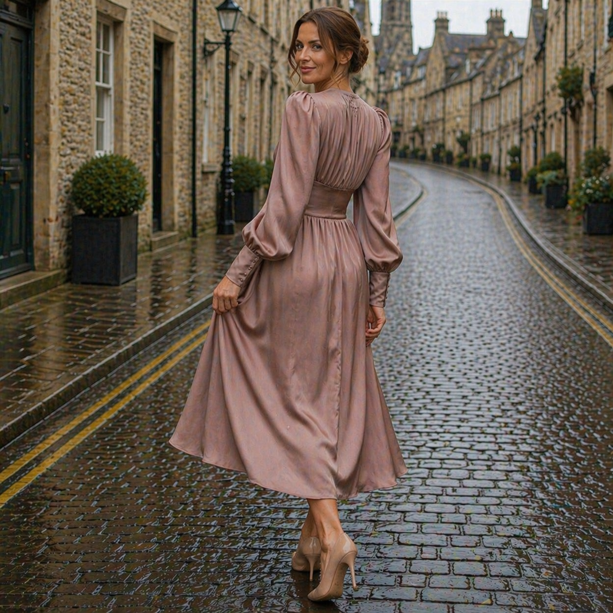 Satin Dress | Midi Length, Long Sleeve, V-Neck