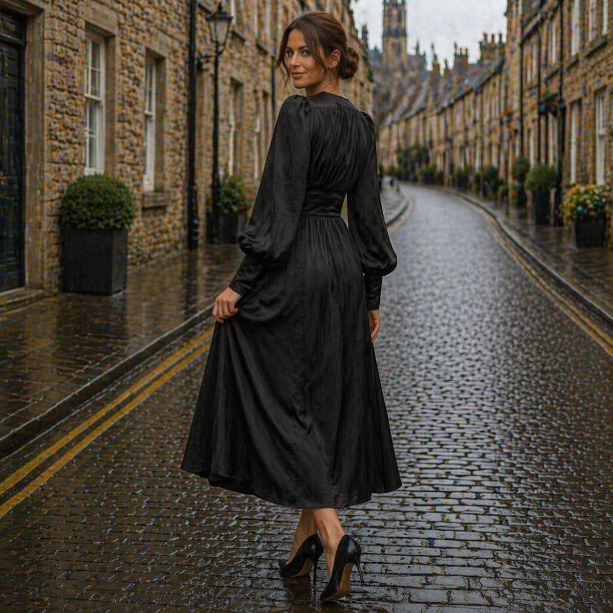 Satin Dress | Midi Length, Long Sleeve, V-Neck