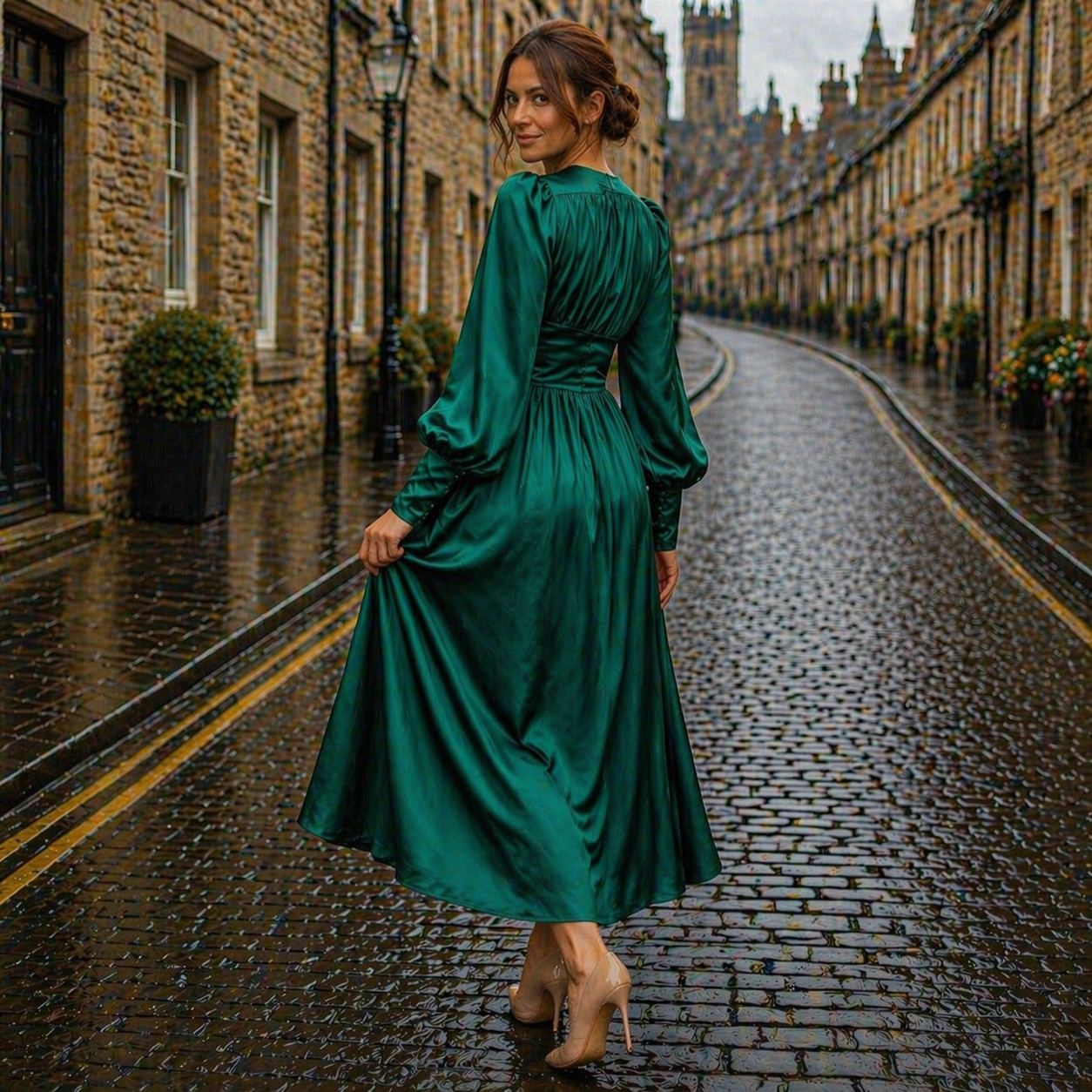 Satin Dress | Midi Length, Long Sleeve, V-Neck