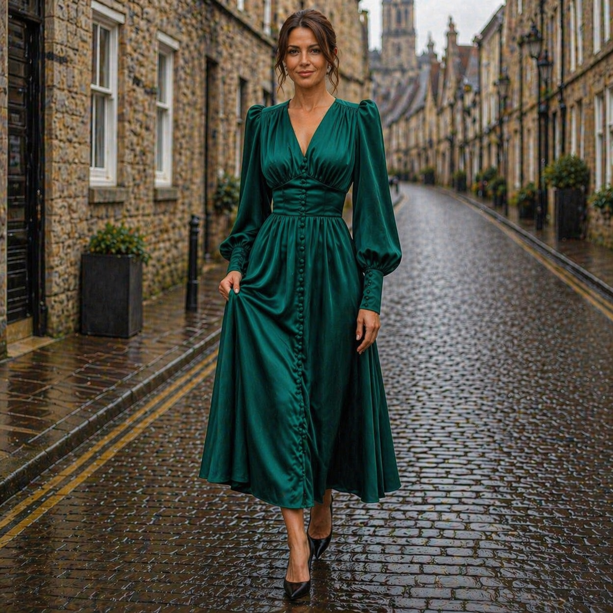 Satin Dress | Midi Length, Long Sleeve, V-Neck