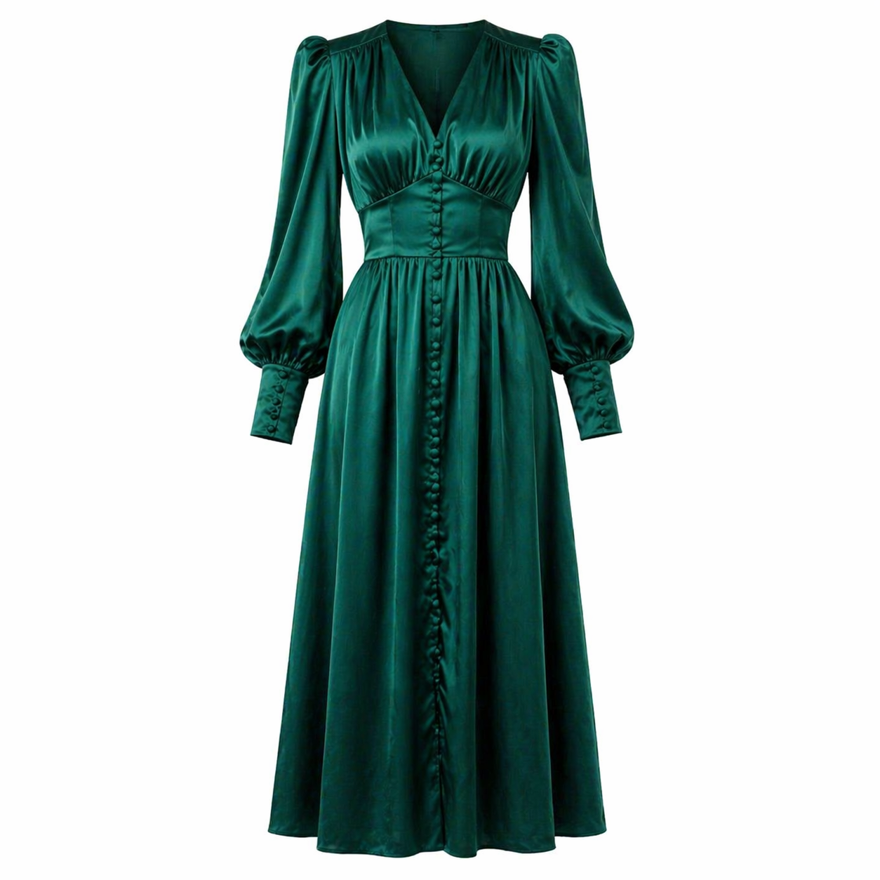 Satin Dress | Midi Length, Long Sleeve, V-Neck