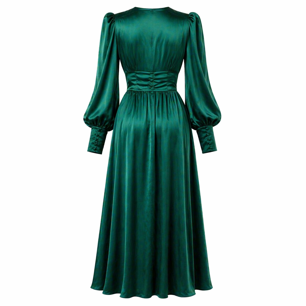 Satin Dress | Midi Length, Long Sleeve, V-Neck
