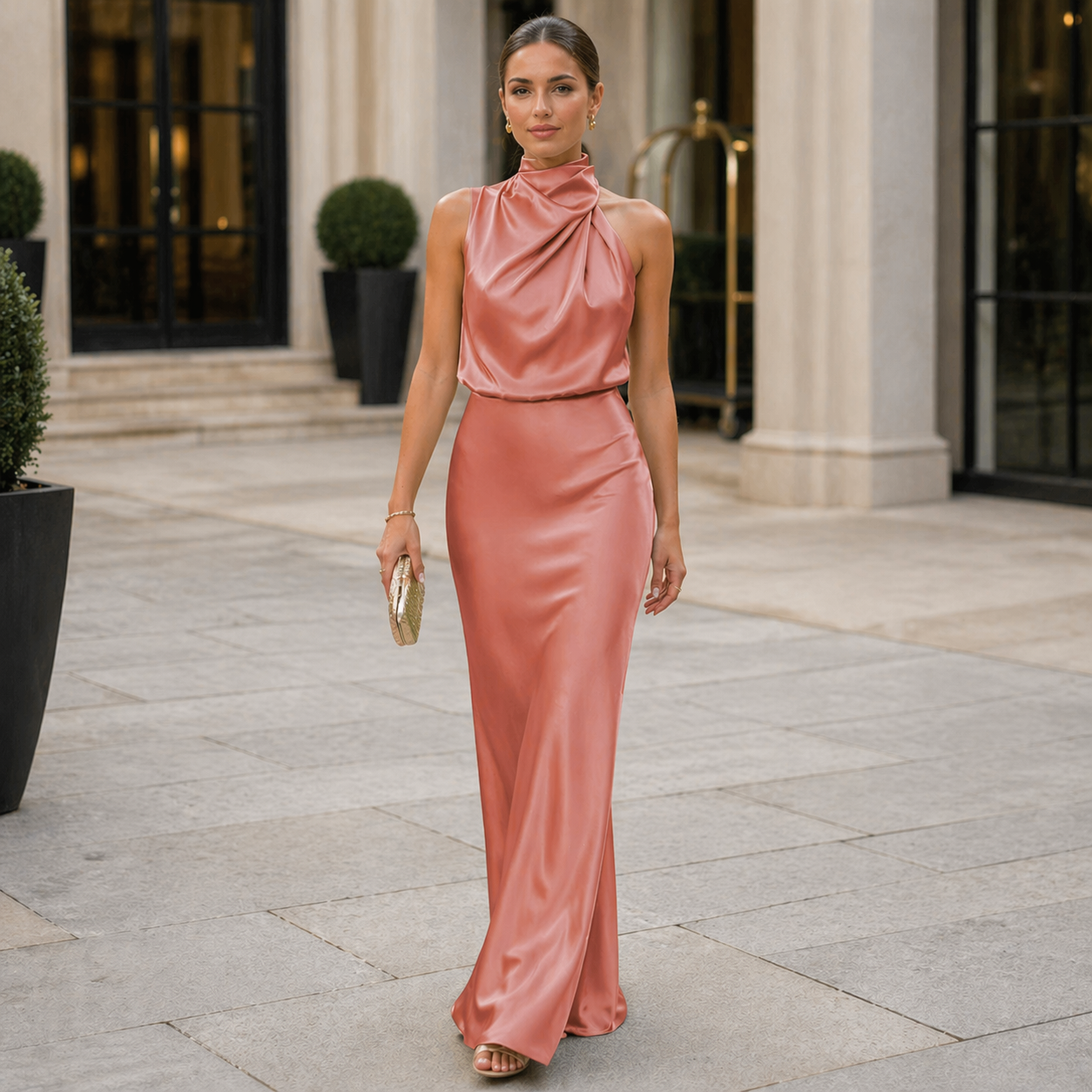 Satin Dress | Halter Neckline, Elegant Fabric
