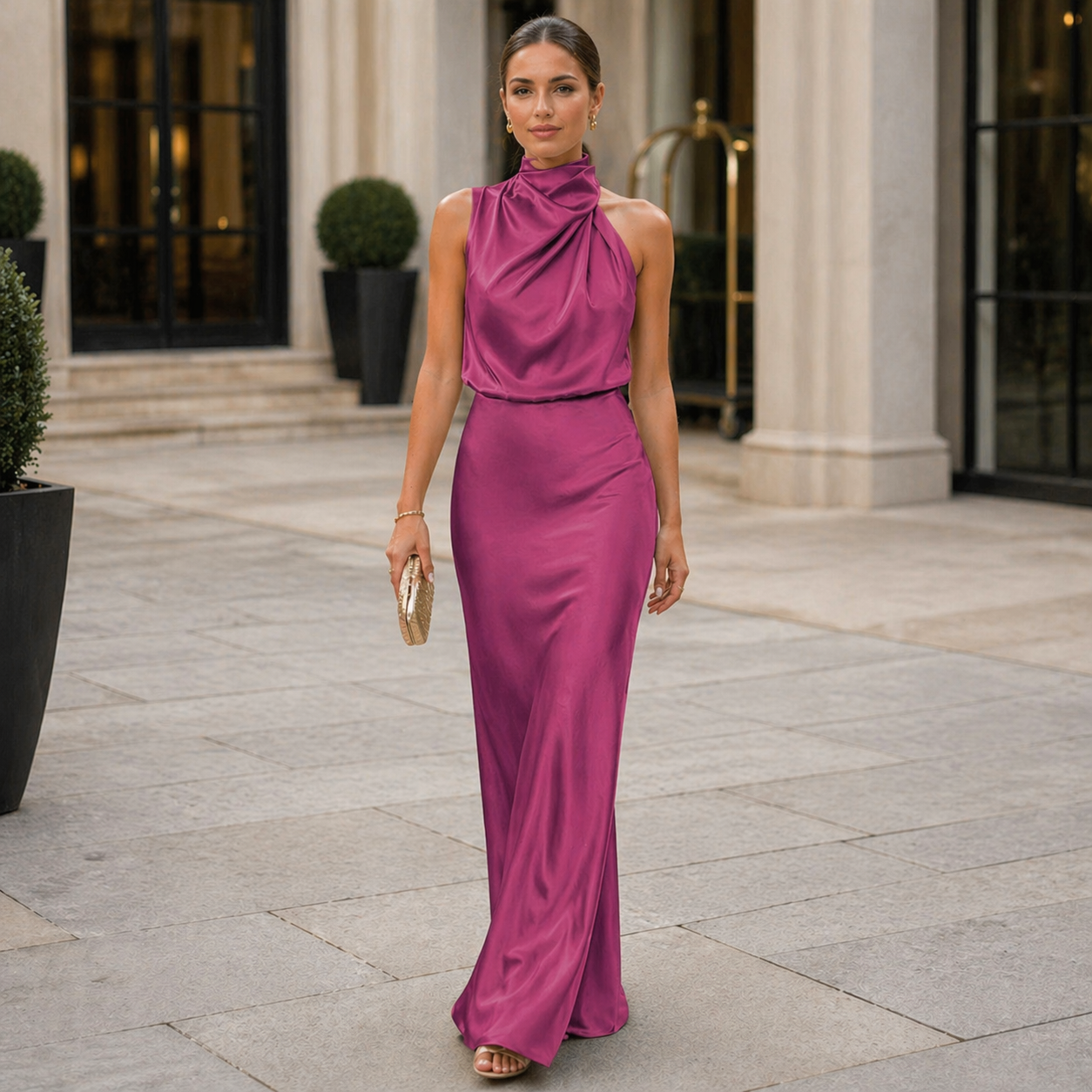 Satin Dress | Halter Neckline, Elegant Fabric