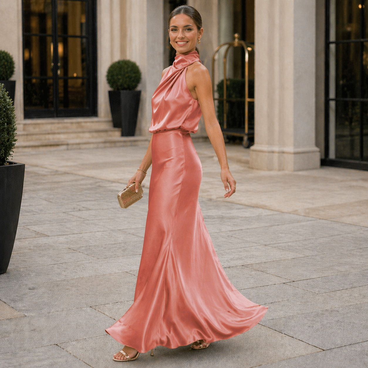 Satin Dress | Halter Neckline, Elegant Fabric