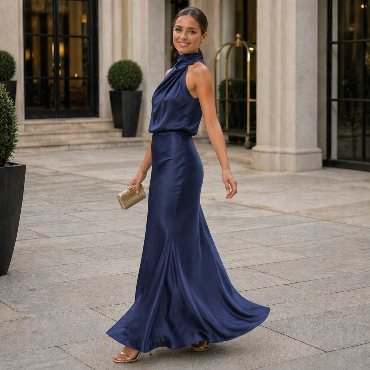 Satin Dress | Halter Neckline, Elegant Fabric