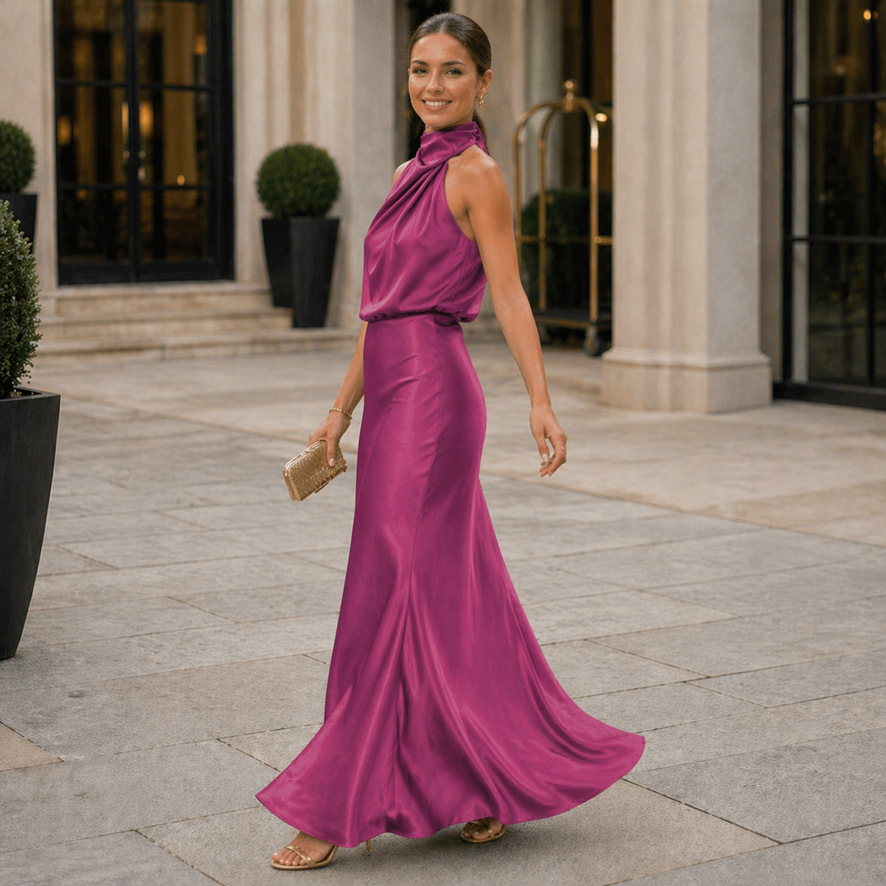 Satin Dress | Halter Neckline, Elegant Fabric