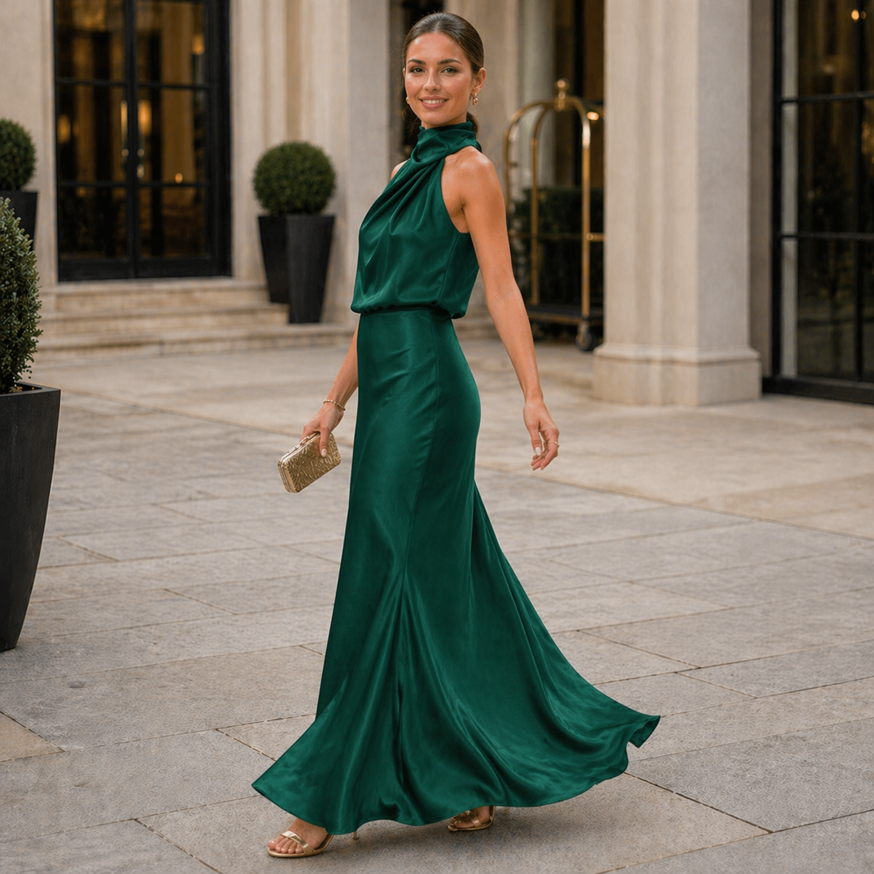 Satin Dress | Halter Neckline, Elegant Fabric