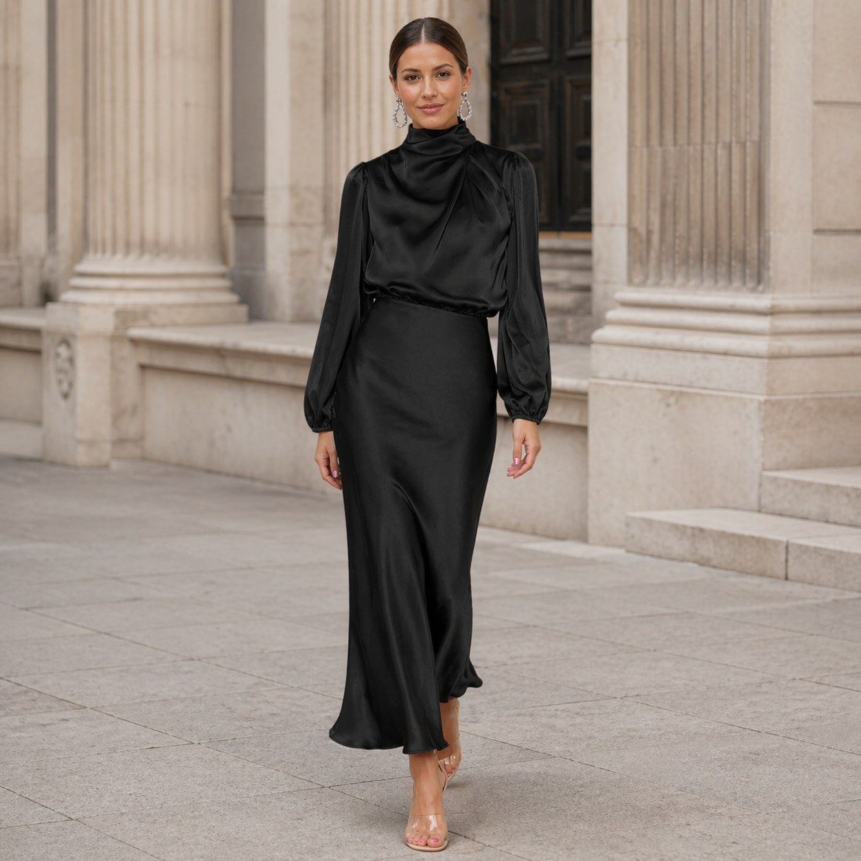 Satin Maxi Dress | Effortless Elegance | High Neckline, Long Sleeves