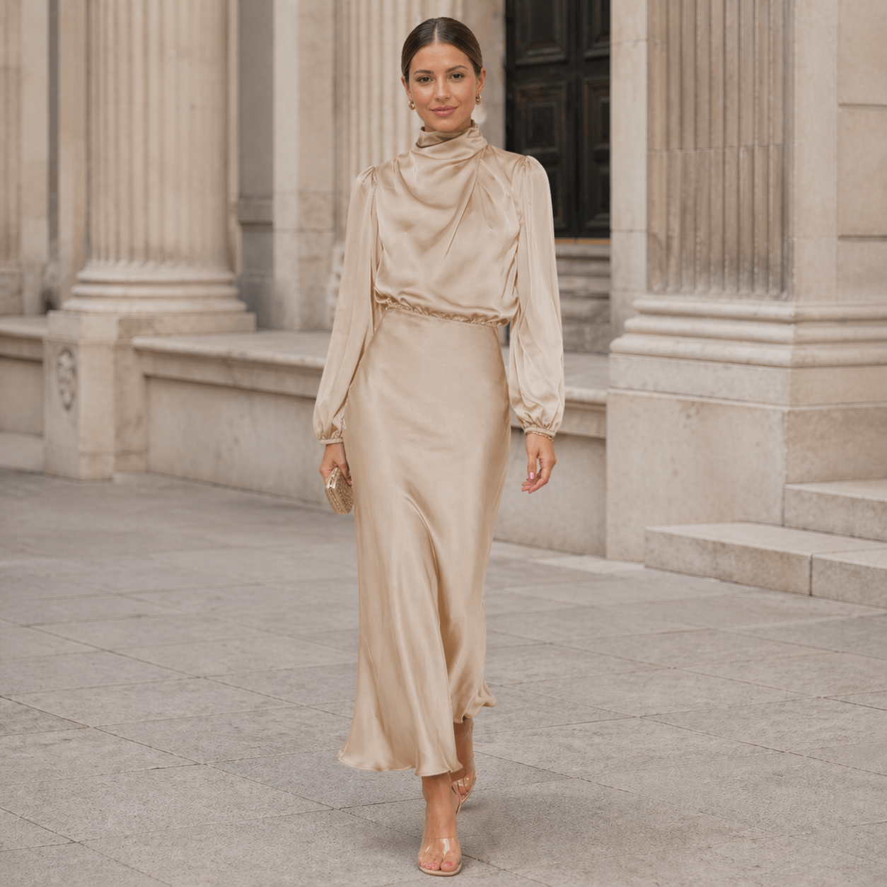 Satin Maxi Dress | Effortless Elegance | High Neckline, Long Sleeves